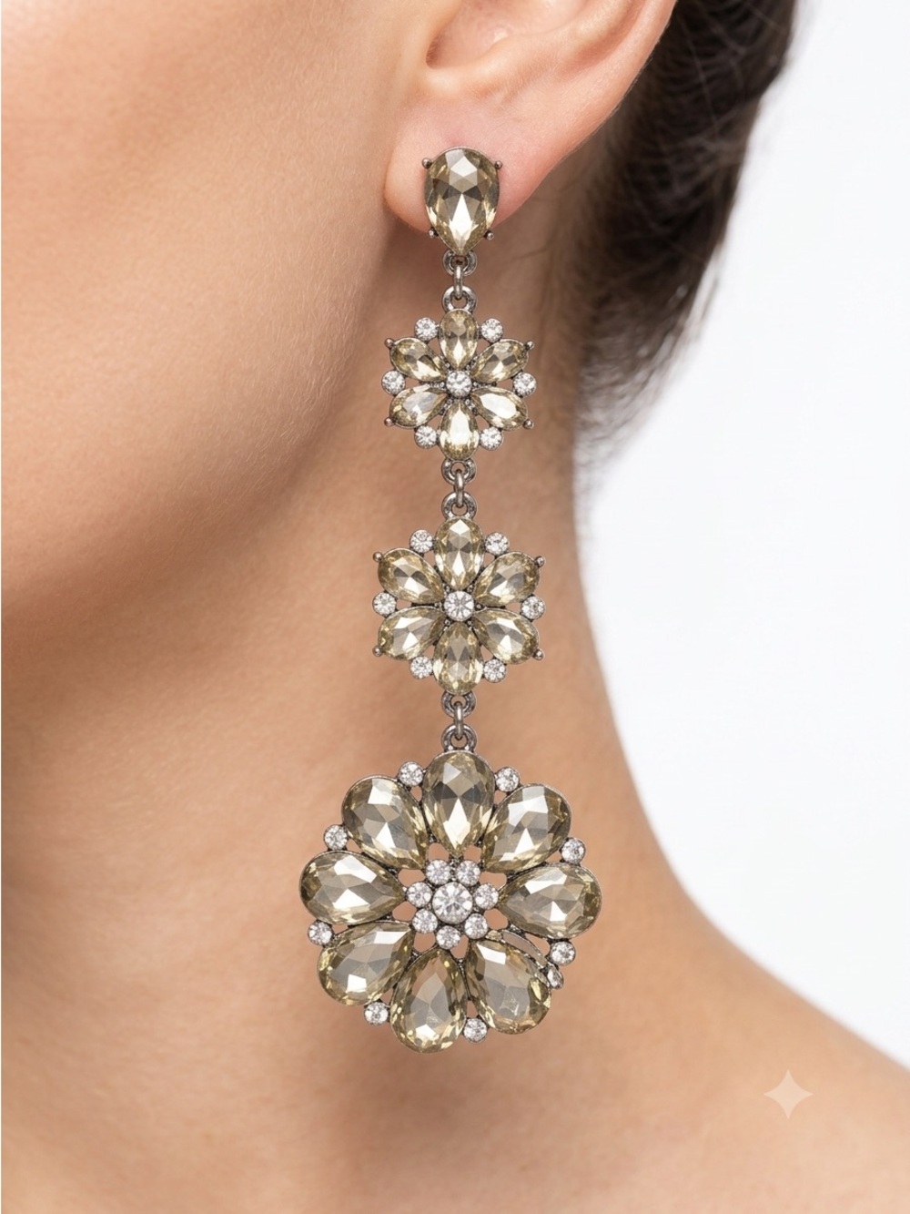 Vintage 90s Champagne Rhinestone Long Floral Statement Chandelier Earrings